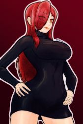 Rule 34 | 1girl, breasts, covered navel, cowboy shot, cross, cross necklace, eyes visible through hair, hair over one eye, hands on own hips, highres, jewelry, large breasts, long hair, necklace, pata n, red background, red hair, skirt, skullgirls, solo, sweater, turtleneck, turtleneck sweater, yellow eyes