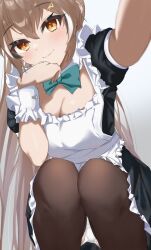 Rule 34 | 1girl, alternate costume, apron, blush, bow, bowtie, breasts, brown eyes, brown hair, brown pantyhose, cleavage, closed mouth, detached collar, enmaided, foreshortening, frilled cuffs, green bow, green bowtie, hair between eyes, hair ornament, hairclip, hand on own chin, highres, hololive, hololive english, large breasts, long hair, looking at viewer, maid, maid apron, maid headdress, multicolored hair, nanashi mumei, panties, pantyhose, puffy short sleeves, puffy sleeves, reaching, reaching towards viewer, runes, short sleeves, sidelocks, smile, solo, squatting, streaked hair, underwear, very long hair, virtual youtuber, white apron, white panties, white wrist cuffs, wrist cuffs, yobi (ybpac18)