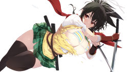 Rule 34 | 1girl, arm guards, asuka (senran kagura), bandaged arm, bandages, bikini, bikini top only, black hair, breasts, brown eyes, cait aron, checkered clothes, checkered skirt, commentary request, dual wielding, green skirt, hair between eyes, highres, holding, holding sword, holding weapon, large breasts, open mouth, ponytail, red scarf, ribbon, scarf, senran kagura, sheath, short sleeves, skirt, striped bikini, striped bikini top, striped clothes, swimsuit, sword, thighhighs, thighs, torn clothes, vest, weapon, white ribbon, yellow vest