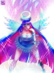 Rule 34 | 10s, bent over, colored inner hair, e-x-p-i-e, halo, highres, lips, lipstick, long hair, makeup, multicolored hair, multiple girls, panty &amp; stocking with garterbelt, pink hair, smile, stocking (psg), striped clothes, striped legwear, striped thighhighs, thighhighs, two-tone hair, very long hair, wings