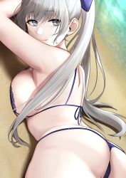 Rule 34 | 1girl, ass, azur lane, back, bad id, bad pixiv id, beach, bow, breasts, closed mouth, commentary request, grey eyes, hair bow, highres, large breasts, long hair, looking at viewer, lying, official alternate costume, on stomach, oshida bob, ponytail, sideboob, silver hair, smile, solo, swimsuit, vittorio veneto (azur lane), vittorio veneto (the flower of la spezia) (azur lane)