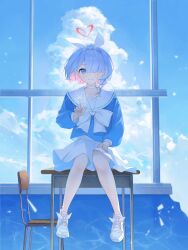 Rule 34 | 1girl, absurdres, arona (blue archive), blue archive, blue eyes, blue hair, blush, bow, chair, choker, closed mouth, colored inner hair, commentary request, desk, footwear bow, hair over one eye, hairband, halo, highres, long sleeves, looking at viewer, multicolored hair, on desk, pink hair, randouworks, red halo, sailor collar, school chair, school desk, shoes, short hair, sitting, on desk, skirt, smile, solo, white bow, white choker, white footwear, white hairband, white sailor collar, white skirt
