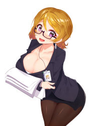 Rule 34 | 10s, 1girl, aged up, bad id, bad pixiv id, breasts, brown hair, cleavage, collarbone, downblouse, earrings, glasses, hip focus, huge breasts, id card, jewelry, koizumi hanayo, looking at viewer, love live!, love live! school idol project, miniskirt, office lady, pantyhose, paper, pencil skirt, purple eyes, ratio (ratio-d), short hair, simple background, skirt, smile, solo, standing, white background