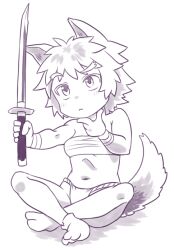 Rule 34 | 1girl, alternate costume, animal ears, barefoot, blush, breasts, closed mouth, commentary request, d.koutya, full body, fundoshi, greyscale, hand on own chin, holding, holding sword, holding weapon, indian style, inubashiri momiji, japanese clothes, katana, medium bangs, monochrome, navel, sarashi, short hair, simple background, sitting, small breasts, solo, sword, tail, thinking, touhou, underwear, underwear only, weapon, wolf ears, wolf girl, wolf tail