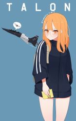Rule 34 | 1girl, aircraft, airplane, artist name, atamonica, blush, commentary, english commentary, f-5 freedom fighter, fighter jet, glasses, highres, hood, hoodie, jet, long hair, looking at viewer, military, military vehicle, orange eyes, orange hair, original, simple background, solo, united states air force