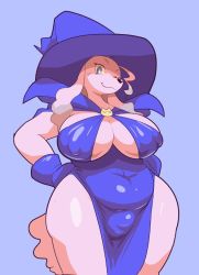 Rule 34 | 1futa, belly, blue background, blue eyes, breasts, bulge, cleavage, covered erect nipples, cowboy shot, curvy, dog, furry, furry female, futanari, gloves, hands on own hips, hat, huge breasts, looking at viewer, maggie (woory), one eye closed, original, plump, purple eyes, side slit, smile, solo, thick thighs, thighs, wide hips, wink, witch, witch hat, woory
