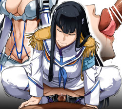 Rule 34 | 1boy, 1girl, bakkanki, bar censor, black hair, blush, boots, breasts, censored, closed eyes, clothed sex, cowgirl position, epaulettes, fellatio, girl on top, hetero, high heels, highres, junketsu, kill la kill, kiryuuin satsuki, large breasts, licking, licking penis, long hair, long sleeves, multiple views, oral, penis, pleated skirt, pov, pussy, school uniform, sex, skirt, straddling, sweat, thick eyebrows, thigh boots, thighhighs, vaginal, white thighhighs