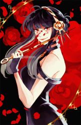 Rule 34 | 1girl, artist name, bare shoulders, black background, black dress, black gloves, black hair, blood, blood on face, bloody weapon, blush, breasts, brown flower, brown rose, closed mouth, dagger, dress, floral background, flower, from side, gloves, gold hairband, hair bun, hair flower, hair ornament, hairband, hand up, highres, jewelry, kite-mitiko, knife, looking at viewer, medium breasts, necklace, petals, red eyes, red flower, red rose, rose, short hair, short hair with long locks, sidelocks, sleeveless, sleeveless dress, smile, solo, spy x family, standing, stiletto (weapon), weapon, yor briar