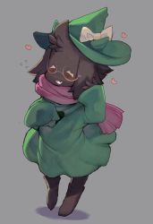 Rule 34 | 1boy, black footwear, blush, bow, closed eyes, deltarune, furry, furry male, green hat, hat, heart, male focus, monster boy, pink scarf, ralsei, rikose, scarf, simple background, solo, standing, white eyes