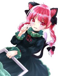 Rule 34 | 1girl, animal ears, black bow, bow, braid, cat ears, cat tail, dress, dutch angle, extra ears, green dress, hair bow, highres, ina (rimuna 1228), kaenbyou rin, long sleeves, looking at viewer, multiple tails, nekomata, pointy ears, red eyes, red hair, solo, tail, touhou, twin braids, two tails