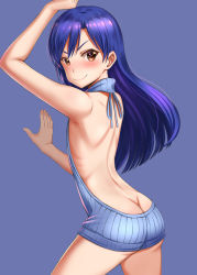 Rule 34 | &gt;:), 1girl, alternate costume, arched back, arm up, armpits, ass, back, backless outfit, bad id, bad pixiv id, bare arms, bare back, bare shoulders, blue hair, blue sweater, blush, brown eyes, butt crack, closed mouth, cowboy shot, flat chest, from behind, halterneck, idolmaster, idolmaster (classic), kisaragi chihaya, kkroe, long hair, looking back, meme attire, purple background, ribbed sweater, simple background, smug, solo, standing, sweater, thighs, v-shaped eyebrows, virgin killer sweater