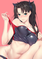 Rule 34 | 1girl, aqua eyes, bare shoulders, bikini, black hair, blush, breasts, covered erect nipples, fate/stay night, fate (series), long hair, looking at viewer, medium breasts, navel, solo, swimsuit, tohsaka rin, two side up, wavy mouth, zucchini