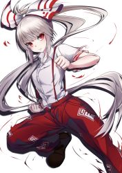 Rule 34 | &gt;:(, 1girl, bad id, bad nicoseiga id, black footwear, blush, bow, breasts, clenched hands, feet out of frame, fujiwara no mokou, hair bow, highres, knee up, long hair, looking at viewer, medium breasts, momendoufu, ofuda, pants, ponytail, red eyes, red pants, shirt, shoes, short sleeves, silver hair, simple background, solo, suspenders, touhou, v-shaped eyebrows, very long hair, white background, white bow, white shirt
