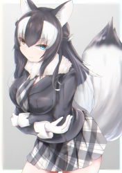 Rule 34 | 1girl, absurdres, animal ears, artist request, between breasts, black hair, blue eyes, breast pocket, breasts, chromatic aberration, cowboy shot, fur collar, gloves, grey wolf (kemono friends), heterochromia, highres, kemono friends, large breasts, light smile, looking at viewer, miniskirt, multicolored hair, necktie, necktie between breasts, pocket, skirt, solo, tail, two-tone hair, white gloves, white hair, wolf ears, wolf girl, wolf tail, yellow eyes