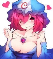 Rule 34 | 1girl, ;), bare shoulders, blue hat, blue kimono, blue sash, blush, breasts, chiroru (cheese-roll), cleavage, commentary request, hair between eyes, hat, head tilt, heart, heart pendant, highres, holding, japanese clothes, jewelry, kimono, large breasts, long sleeves, looking at viewer, mob cap, obi, off shoulder, one eye closed, pendant, pink eyes, pink hair, saigyouji yuyuko, sash, short hair, simple background, smile, solo, touhou, triangular headpiece, upper body, white background, wide sleeves