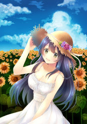 Rule 34 | 10s, 1girl, :d, agano (kancolle), alternate costume, black hair, blush, breasts, cleavage, day, dress, flower, green eyes, hand on headwear, hat, highres, kantai collection, large breasts, long hair, looking at viewer, open mouth, serino itsuki, smile, solo, sun hat, sundress, sunflower, white s