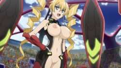 Rule 34 | 10s, 1girl, blonde hair, blue eyes, breasts, claire harvey, drill hair, hundred (light novel), large breasts, long hair, navel, nipples, nude filter, open mouth, pussy, solo, third-party edit, uncensored
