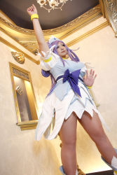 Rule 34 | 1girl, ankle boots, arm up, asian, blue eyes, blue hair, boots, bow, bracelet, breasts, choker, chouzuki maryou, cosplay, cure diamond (cosplay), dokidoki! precure, dress, headpiece, highres, jewelry, large breasts, long hair, magical girl, matching hair/eyes, photo (medium), plump, ponytail, precure, puffy short sleeves, puffy sleeves, ribbon, short sleeves, solo, tiara