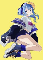 Rule 34 | 1girl, baseball cap, blue eyes, blue footwear, blue jacket, blue nails, blue ribbon, blue shorts, blue socks, clothes writing, crop top, cross-laced footwear, earrings, fingernails, floating hair, full body, grin, hair ribbon, haruwo, hat, highres, hololive, hoshimachi suisei, jacket, jewelry, long fingernails, long hair, long sleeves, looking at viewer, midair, midriff peek, nail polish, necklace, off shoulder, open clothes, open jacket, ribbon, shirt, shoe soles, shoes, short shorts, shorts, side ponytail, simple background, sleeves past wrists, smile, sneakers, socks, solo, star (symbol), star earrings, star necklace, virtual youtuber, white shirt, yellow background