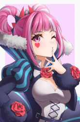 Rule 34 | 1girl, blue dress, blunt bangs, breasts, cleavage, dress, facial mark, fire emblem, fire emblem engage, flower, hair rings, heart, heart facial mark, hortensia (fire emblem), long hair, long sleeves, looking at viewer, multicolored hair, nintendo, one eye closed, open mouth, pink eyes, pink hair, puckered lips, puffy sleeves, small breasts, smile, solo, striped clothes, striped dress, ten (tenchan man), two-tone hair, upper body, vertical-striped clothes, vertical-striped dress