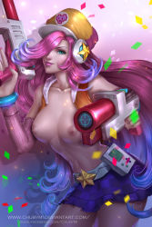 Rule 34 | 1girl, alternate costume, arcade miss fortune, artist name, belt, blue eyes, blue skirt, breasts, chuby mi, collarbone, cowboy shot, detached sleeves, emoticon, gun, hair over one eye, hat, highres, large breasts, league of legends, leaning forward, light smile, miss fortune (league of legends), nail polish, navel, nipples, pink hair, skirt, smile, solo, topless, watermark, weapon, web address