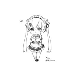 Rule 34 | 1girl, animal ear fluff, animal ears, apron, blush, breasts, cat ears, chibi, closed mouth, commentary request, copyright request, dress, greyscale, hair between eyes, hair ornament, hairclip, heart, highres, long hair, maid headdress, medium breasts, monochrome, nijisanji, puffy short sleeves, puffy sleeves, shiina yuika, shiina yuika (5th costume), shoes, short sleeves, signature, simple background, smile, sofra, solo, standing, thighhighs, twitter username, two side up, very long hair, virtual youtuber, waist apron, white background