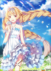 Rule 34 | 1girl, arm garter, blonde hair, border, bow, bracelet, braid, cloud, collarbone, copyright name, dandelion, day, dress, feathers, field, flower, flower field, frilled dress, frills, hair flower, hair ornament, hair ribbon, hakusai (tiahszld), halterneck, hill, holding, holding flower, jewelry, lens flare, light particles, logo, long hair, low-tied long hair, petals, qurare magic library, red eyes, ribbon, sky, sleeveless, sleeveless dress, smile, solo, thigh strap, twin braids, very long hair, walking, white dress, wind