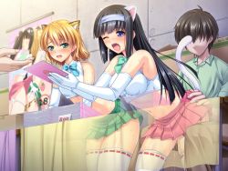 Rule 34 | 1boy, 2girls, animal ears, apadash, bare shoulders, bent over, black hair, blonde hair, blue eyes, blush, breasts, cat ears, cat tail, clothed sex, elbow gloves, fake animal ears, fake tail, game cg, gloves, green eyes, green skirt, holding, large breasts, legs, long hair, looking away, midriff, multiple girls, navel, off pako saretara, ecchi na assistant ga dekichatta?, one eye closed, open mouth, public indecency, red skirt, saliva, sex, short hair, sitting, skirt, small breasts, standing, stealth sex, tail, thighhighs, thighs, un-known (ninesix), vaginal, white gloves, wince, x-ray