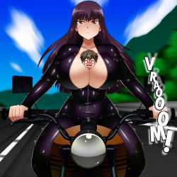 Rule 34 | 1boy, 1girl, between breasts, blush, breasts, chacrawarrior, cleavage, closed mouth, cloud, face to breasts, frown, hachiouji naoto, huge breasts, ijiranaide nagatoro-san, latex, motor vehicle, motorcycle, outdoors, person between breasts, sky, sunomiya sana, under another&#039;s clothes