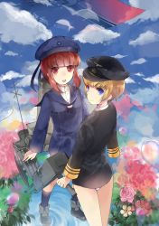 Rule 34 | 10s, 2girls, adapted uniform, alternate costume, bad id, bad pixiv id, blonde hair, blue eyes, brown eyes, brown hair, cloud, day, flower, grass, hat, kantai collection, kleinlight, looking at viewer, military, military uniform, multiple girls, neckerchief, open mouth, peaked cap, sadoma, sailor hat, short hair, sky, smile, uniform, visor cap, water, z1 leberecht maass (kancolle), z3 max schultz (kancolle)