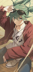 Rule 34 | 1girl, arm up, black pants, brown jacket, closed mouth, commentary request, earrings, eyewear on head, glint, green eyes, green hair, hair between eyes, hatsune miku, highres, jacket, jewelry, long sleeves, looking at viewer, open clothes, open jacket, pants, puffy long sleeves, puffy sleeves, sand, shirt, shoes, sleeves past wrists, solo, squatting, suna no wakusei (vocaloid), sunglasses, twintails, vocaloid, wedo, white footwear, white shirt