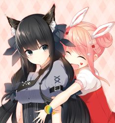 Rule 34 | 2girls, animal ears, black bow, black eyes, black hair, black necktie, blush, bow, breasts, cat ears, closed eyes, facing another, fang, hair bow, hinabita, large breasts, looking at another, meu meu, multiple girls, nanotaro, necktie, open mouth, pink hair, puffy short sleeves, puffy sleeves, rabbit ears, shimotsuki rin, short hair, short sleeves, smile