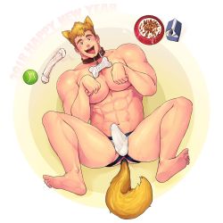 Rule 34 | 1boy, 2018, abs, anal, anal object insertion, animal collar, animal ears, bara, baseball, blonde hair, blush, bowl, bulge, chinese zodiac, collar, dog boy, dog ears, dog tail, erection, erection under clothes, feet, full body, highres, jockstrap, large pectorals, male focus, male penetrated, male underwear, muscular, muscular male, navel, nipples, object insertion, original, paw pose, pectorals, pet bowl, pet play, short hair, smile, soles, solo, spread legs, stomach, tail, thick thighs, thighs, tongue, tongue out, underwear, underwear only, white male underwear, winemvee, year of the dog