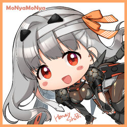 Rule 34 | 1girl, :d, armor, armored boots, armored gloves, artist name, bandaged head, bandages, black gloves, blush stickers, bodystocking, boots, breasts, chibi, cleavage, fingerless gloves, gloves, goddess of victory: nikke, grey hair, hair ribbon, large breasts, long hair, mecha musume, modernia (nikke), open mouth, orange ribbon, red eyes, ribbon, see-through, see-through cleavage, shibi, shoulder armor, sidelocks, smile, solo
