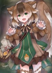 Rule 34 | 1girl, :d, absurdres, acorn, animal ears, bag, blush, brown dress, brown hair, claw pose, commission, dress, fang, fur trim, green eyes, highres, large tail, long sleeves, looking at viewer, monster girl, monster girl encyclopedia, multicolored hair, neonbeat, open mouth, puffy long sleeves, puffy sleeves, ratatoskr (monster girl encyclopedia), scroll, short hair, shoulder bag, signature, skin fang, smile, solo, squirrel ears, squirrel tail, standing, streaked hair, tail, thighhighs, zettai ryouiki