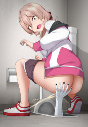 Rule 34 | 1boy, 1girl, ass, ass grab, bathroom, black shorts, blush, breasts, brown hair, clothes pull, colored skin, fang, from behind, highres, jacket, large breasts, long hair, long sleeves, looking down, maanii, nijisanji, nui sociere, open clothes, open jacket, open mouth, peeing, pink jacket, ponytail, shirt, shoes, shorts, shorts pull, sneakers, squat toilet, squatting, surprised, sweat, tears, toilet, toilet paper, toilet use, virtual youtuber, wall, white footwear, white shirt, white skin, yellow eyes