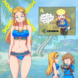 Rule 34 | 1boy, 1girl, 20s, alternate costume, armor, arms behind back, assertive male, beach, bikini, black leggings, blonde hair, blue bikini, blue eyes, blue tunic, braid, brain, breasts, brown gloves, brown hair, cameltoe, camera, chain, chibi, chibi inset, cleft of venus, crown braid, drooling, electrickronos, empty eyes, english text, expressionless, fingerless gloves, gameplay mechanics, gauntlets, gloves, gold trim, green eyes, green hair, hair ornament, hairclip, highres, holding, holding tablet, hypnosis, large breasts, leaning forward, leggings, link, long hair, long sleeves, looking at another, looking at viewer, magic, midriff, mind control, navel, nintendo, open mouth, outdoors, parted lips, photo background, pointing, pointy ears, pov, princess, princess zelda, runes, saliva, sand, sheikah slate, shirt, short hair, short sleeves, sidelocks, speech bubble, split screen, standing, standing at attention, stasis (rune), submission, swimsuit, tablet, talking, target, the legend of zelda, the legend of zelda: breath of the wild, tree, tunic, undershirt, unworn clothes, viewfinder, water, white shirt, x-ray, x-ray vision