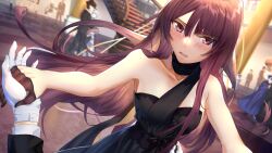 Rule 34 | 1girl, absurdres, bare shoulders, black bow, black dress, black gloves, black scarf, blurry, blurry background, blush, bow, collarbone, commentary, dancing, dress, english commentary, film grain, formal, girls&#039; frontline, gloves, hair between eyes, half gloves, highres, indoors, long hair, long sleeves, looking at viewer, motion blur, open mouth, people, pov, purple hair, red eyes, scarf, shidoni, sidelocks, springfield (queen in radiance) (girls&#039; frontline), strapless, strapless dress, upper body, wa2000 (girls&#039; frontline), white gloves
