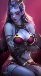 Rule 34 | 1girl, armor, bikini armor, black gloves, black hair, breasts, cleavage, closed eyes, closed mouth, commentary, demon girl, demon horns, demon wings, dota (series), dota 2, elbow gloves, english commentary, facepaint, gloves, highres, horns, lips, long hair, medium breasts, pointy ears, queen of pain (dota), razaras, red lips, signature, solo, torn clothes, torn gloves, wings