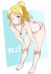 Rule 34 | 1girl, ;), ayase eli, bare legs, barefoot, bent over, bikini, blonde hair, blue background, blue eyes, blush, breasts, cleavage, dated, halterneck, hands on own knees, leaning forward, looking at viewer, love live!, love live! school idol project, medium breasts, o-ring, o-ring bikini, one eye closed, ponytail, scrunchie, sidelocks, smile, solo, striped bikini, striped bikini bottom, striped clothes, swimsuit, turkey min, white scrunchie