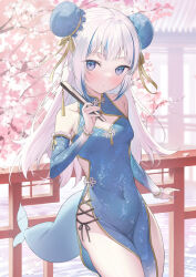 Rule 34 | 1girl, alternate costume, alternate hairstyle, blue dress, blue eyes, blush, cherry blossoms, china dress, chinese clothes, covered navel, day, detached sleeves, dress, female focus, fins, fish tail, flat chest, frilled sleeves, frills, gawr gura, grey hair, hand fan, highres, holding, holding fan, hololive, hololive english, long hair, long sleeves, looking at viewer, multicolored hair, no panties, outdoors, shark girl, shark tail, solo, standing, streaked hair, tail, takumi11, virtual youtuber