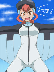 Rule 34 | 1girl, awa, bodysuit, breasts, brown eyes, flying, goggles, goggles on head, nami (pokemon), outstretched arms, pokemon, pokemon (anime), red hair, sky trainer (pokemon), smile, teeth, wingsuit
