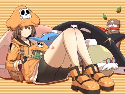 Rule 34 | 1girl, absurdres, anchor, ass, bike shorts, dolphin, guilty gear, guilty gear strive, hat, highres, hood, hoodie, may (guilty gear), orange background, orange footwear, orange hat, orange hoodie, orange shirt, otter, pirate hat, poncocchan, robot, shirt, sitting, skull and crossbones, solo, striped, striped background, thighs