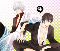 Rule 34 | 2boys, black hair, black kimono, black shirt, cigarette, gintama, hair between eyes, hijikata toushirou, indian style, japanese clothes, kimono, light smile, male focus, miri (xxxmirink), multiple boys, sakata gintoki, shirt, short hair, sitting, spoken squiggle, squiggle, sweatdrop, white hair, white kimono