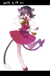 Rule 34 | 1girl, animal ears, bow, brown hair, cat ears, cat tail, chen, earrings, fangs, full body, hat, highres, jewelry, long sleeves, mob cap, multiple tails, namauni, nekomata, open mouth, red eyes, shirt, single earring, skirt, skirt set, solo, standing, standing on one leg, tail, touhou, vest