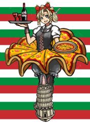 Rule 34 | 1girl, alcohol, blonde hair, bloomers, bottle, cheese, cup, drink, food, food on head, food print, food-themed clothes, fork, grey eyes, highres, italian flag, italy, object on head, open mouth, original, pasta, personification, pizza, sauce, skirt, smile, solo, spaghetti, tomato, tray, underwear, wine, wrist cuffs