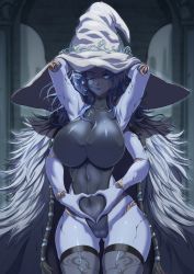 Rule 34 | 1girl, alternate breast size, armpits, arms behind head, black leotard, blue eyes, blue hair, blue skin, breasts, cloak, closed mouth, colored skin, covered navel, cracked skin, doll joints, elden ring, extra arms, fur cloak, gluteal fold, grey thighhighs, hat, heart, heart hands, highres, joints, large breasts, leotard, medium hair, one eye closed, pubic tattoo, ranni the witch, solo, tattoo, thighhighs, torahime (roland00), white hat, witch, witch hat