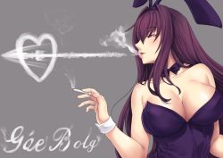 Rule 34 | 1girl, animal ears, bare shoulders, blowing smoke, blush, breasts, cigarette, cleavage, collarbone, detached collar, fake animal ears, fate/grand order, fate (series), fingernails, grey background, kinntarou, large breasts, leotard, lips, long hair, looking to the side, playboy bunny, purple hair, purple leotard, red eyes, scathach (fate), simple background, smoke heart, smoking, solo, strapless, strapless leotard, upper body, very long hair, wrist cuffs