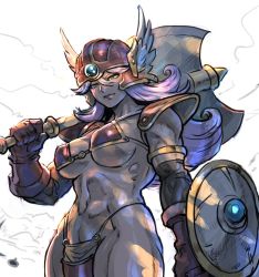 Rule 34 | armor, axe, battle axe, bikini armor, blue eyes, breasts, dragon quest, dragon quest iii, gloves, helmet, holding, holding axe, holding weapon, kisuu, large breasts, looking at viewer, midriff, muscular, muscular female, navel, over shoulder, purple hair, red armor, shield, soldier (dq3), solo, square enix, warrior, weapon, weapon over shoulder, winged helmet
