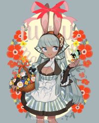 Rule 34 | 1girl, animal ears, basket, bee, blue flower, breasts, bug, rabbit ears, cleavage, cleavage cutout, clothing cutout, dark skin, dark-skinned female, feet out of frame, flower, grey eyes, grey hair, bug, l hakase, leaf, long hair, nail polish, open mouth, original, red flower, red ribbon, ribbon, smile, solo, twitter username, white flower, white nails, yellow flower